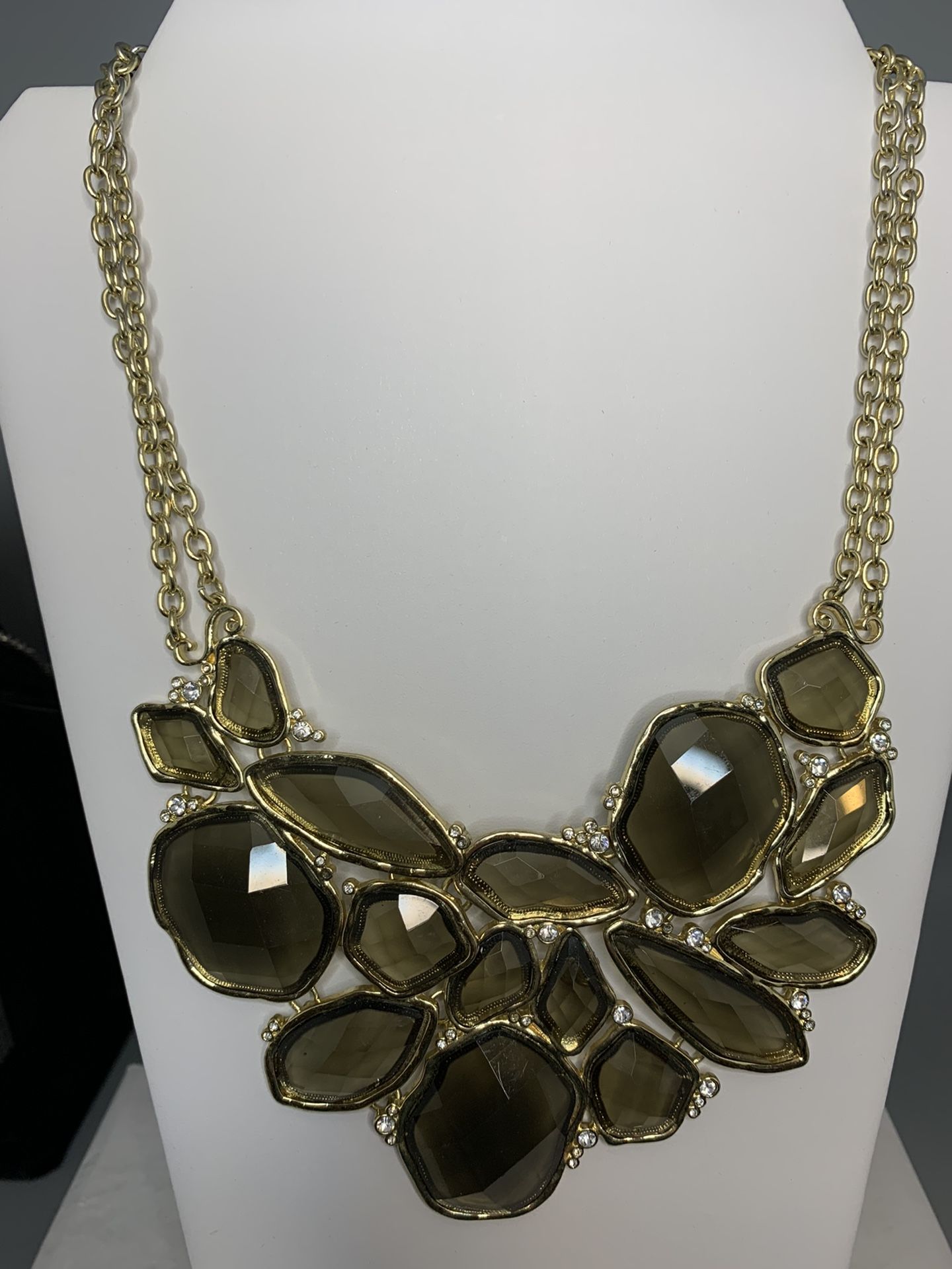 Beautiful large grey amber rhinestone enamel statement necklace