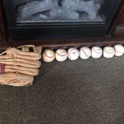 8 Baseballs + Rawlings “Fast Back” Baseball Glove For LEFT-Handed Pitcher (Goes On Right)No Size-I’m Avg Size Man-Fits Me-Sold Together-2 For $25 Or….