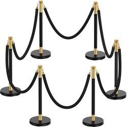 6pcs Sturdy Stanchion Posts, 6pcs High Quality Black Velvet Ropes, Water/Sand/Concrete Fillable Leakproof Base, Crowd Control Barriers for Birthday, P