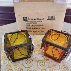 VINTAGE NEW HOME INTERIORS HEAVY Glass Beaded Wire  Votive Candle Holders 3" Tal