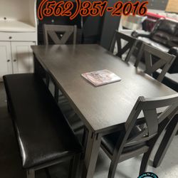 Grey Wood Dining Table 4 Chair With Bench Kitchen Set 