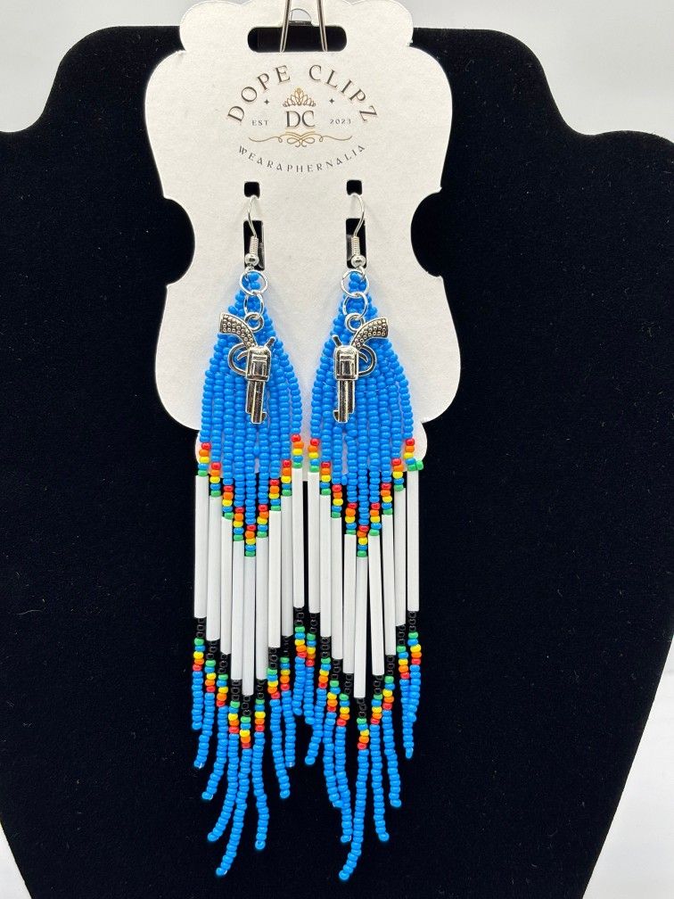 “Pop Off” — Beaded Fringe Earrings with Tiny Pistols