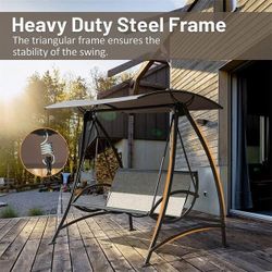 3-Person Brown Metal Porch Swing with Adjustable Canopy$100