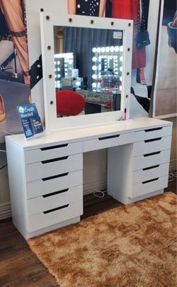 White Makeup Vanity Table with Hollywood Mirror
