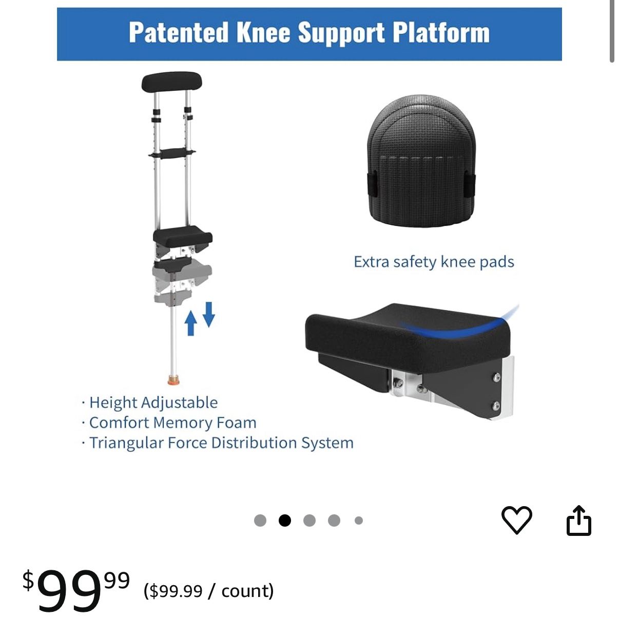 Pain Free Knee Crutch with Safety Kneepads, Ergonomic Knee Crutches with Support Platform for Enhanced Stability and Comfort, Smart Peg Leg Crutch for