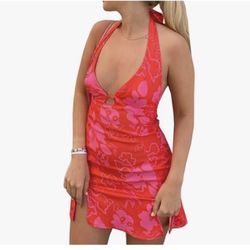 Women Mesh Hollow out Dress Halter Neck Cutout Mini Bodycon Dress