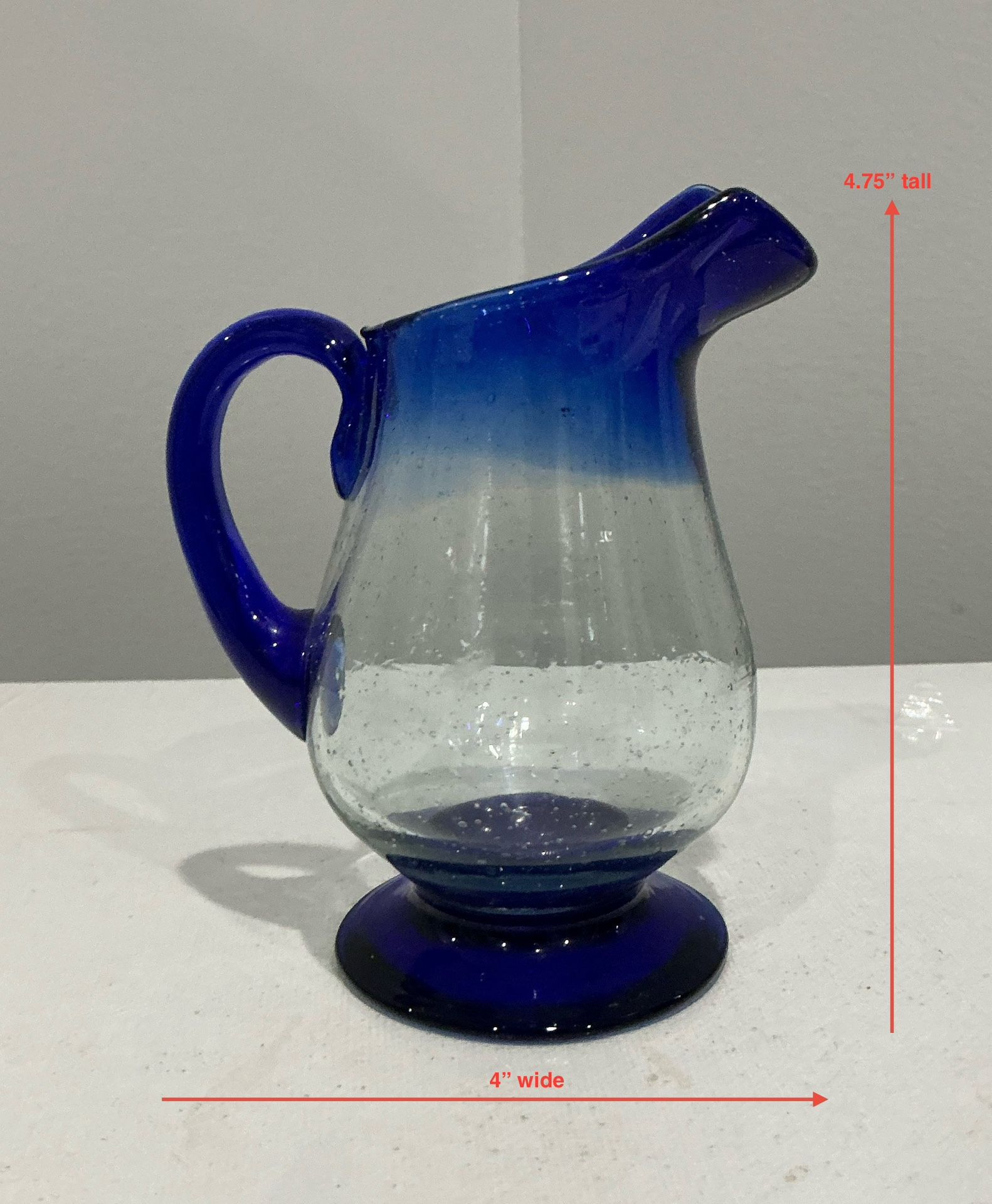 Hand Blown Cobalt Blue & Clear Thick Footed Bubble Glass Creamer Pitcher