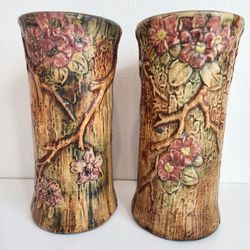 Rare Weller Pottery Woodcraft Flemish Dogwood, 10" Tall Floral Vases (PAIR)