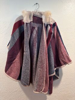 Brand New Plaid Knit Cape with Faux Fur Collar