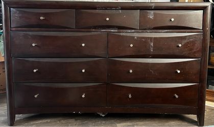 Dark Brown Wood Dresser with 9 Drawers