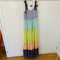 Davi & Dani Multicolor Blue Green Peach Tiered Maxi Dress Size Small