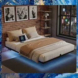 Floating Queen Metal Bed Frame With Integrated Charging Station And LED Lights, New, In Box.