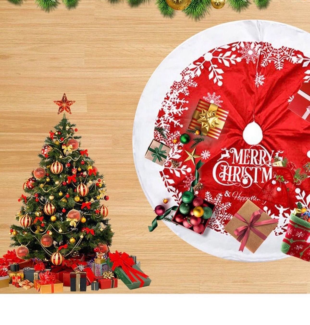 Christmas Tree Skirt 48 Inch Grid Buffalo Check Xmas Tree Skirt with Snowflake Letters Pattern, Christmas Decoration Ornaments for Home Holiday Party