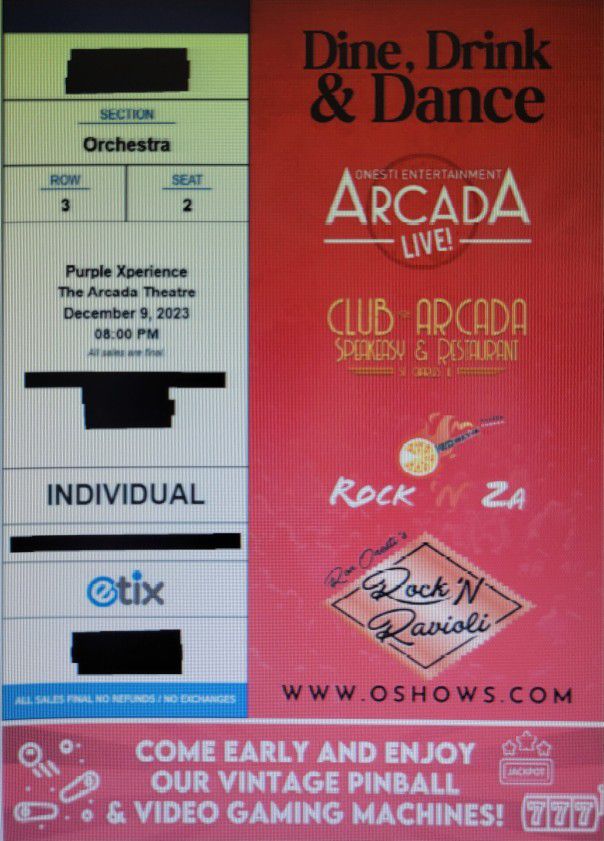 PURPLE XPERIENCE ("Prince") Two Tickets @ Arcada Theater 