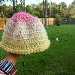 Hot Pink, White, And Yellow, Homemade Crochet Beanie
