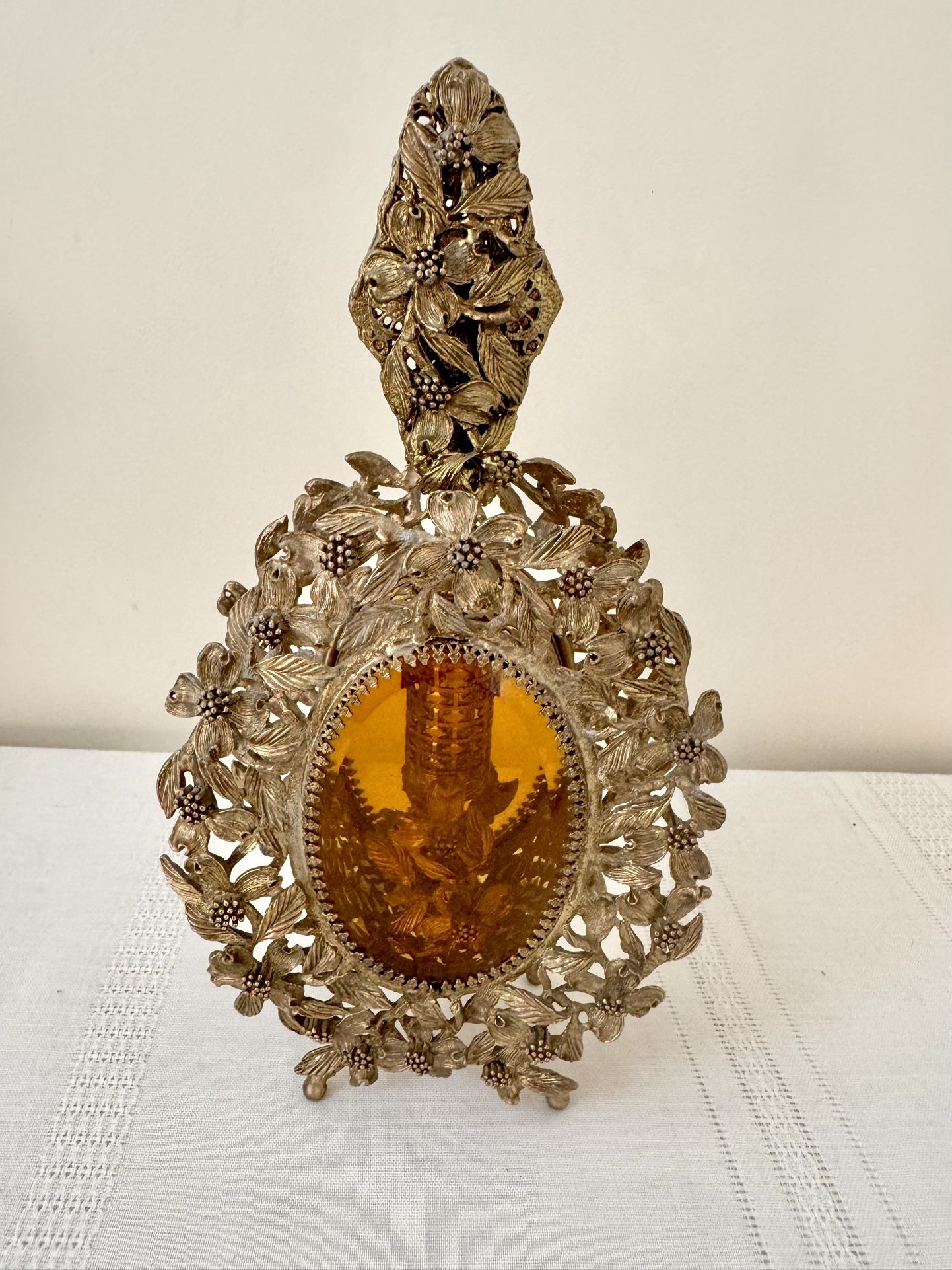 Veg 1960s Gold Filigree Ormolu Perfume Bottle W/ Dropper + Beveled Amber 10.5”