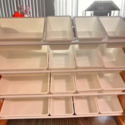 Toy Storage Organizer with 16 Removable Storage Bins for Kids Playroom, 4-Tier, Natural Wood/White