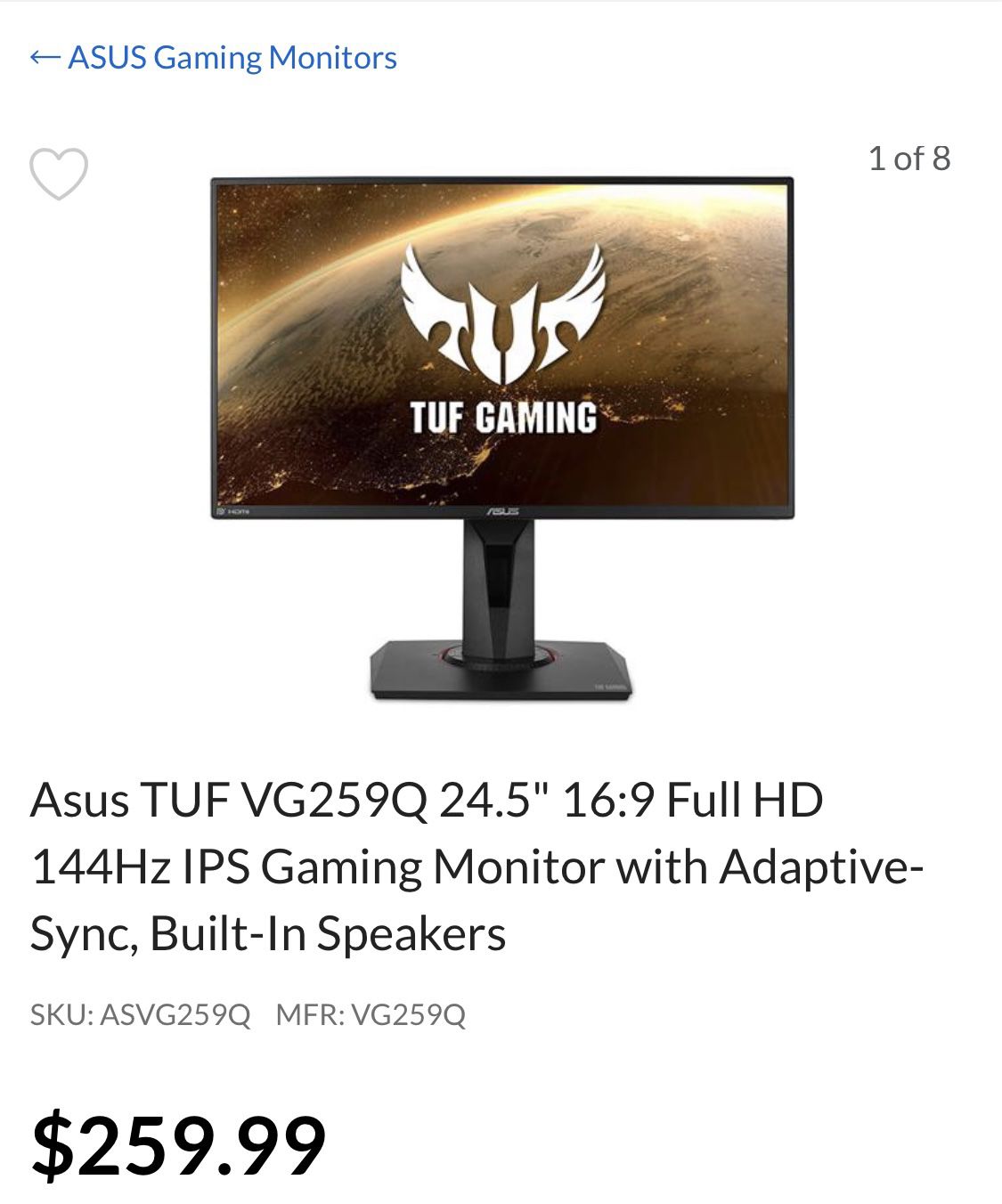 Asus TUF Gaming PC Monitor 144hz 24.5inch
