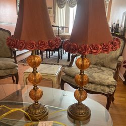 Set Of 2 Amber Glass Table Lamp Fabric Shade Flower Trim