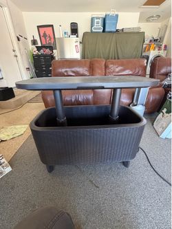 Brown Outdoor Resin Wicker Cool Bar Table with Storage Bin and Beverage Cooler – Patio Furniture