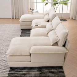 6-Seat Modern U-Shaped Sofa with Console, Cupholders and USB Ports, Sleeper Couch Set with Double Ch