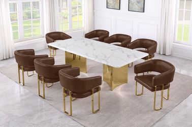 9pc White Marble Dining Set with Leathaire Chairs