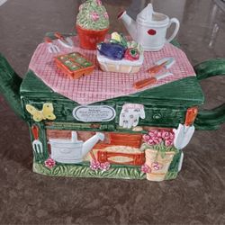 Vintage 1995 Fitz & Floyd  Omnibus County Picnic Garden Tea-pot Ceramic Hand-painted 3D Design (Holds 32oz.)