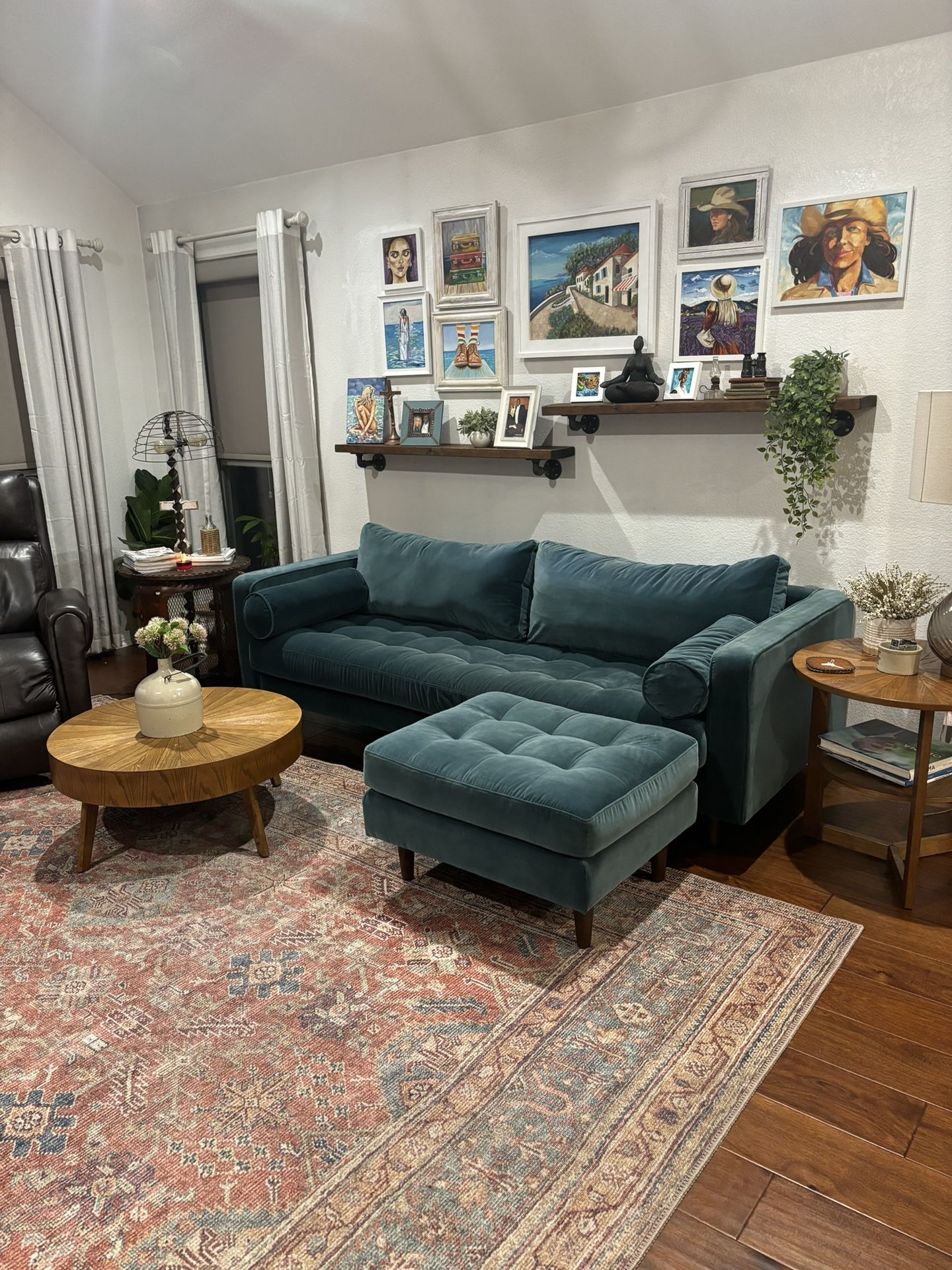 Teal Velvet Sofa (Couch), Separate Matching Lounge Chair (Separate
