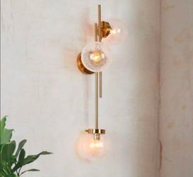 LNC Modern 30 in. H Brass 3-Light Vanity Light Linear Vertical or Horizontal Wall Sconce with Globe Cracked Glass Shades