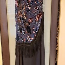 Embossed Velvet Fringe Formal Dress