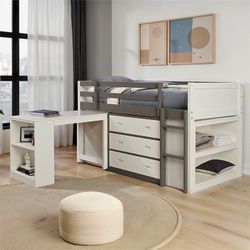 WHITE/GREY  FINISH WOOD TWIN SZ LOFT BED  W SLIDE OUT DESK &DRAWERS UNDERNEATH!!!