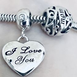 2 Charms For Pandora 925 Sterling Silver Mom And I Love You Dangle 
