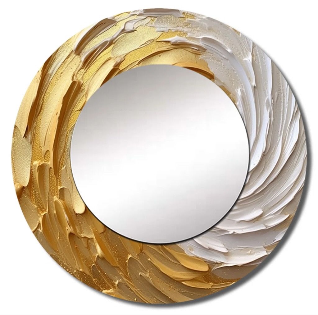 36in Gold and Cream Enchanted Whirls I Abstract Spirals Mirror Modern Round Decorative Wall Mirror Printed Metal Art