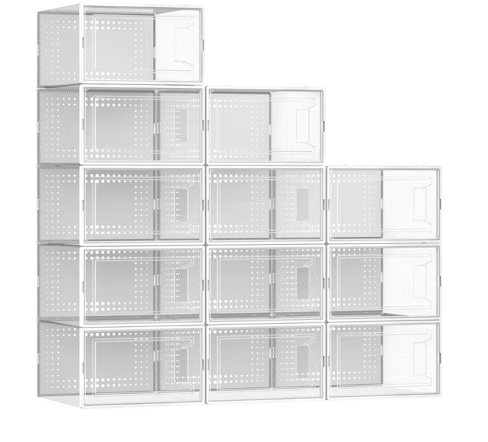 Secret Space 12 Pack X Large Shoe Organizer Storage Boxes for Closet, Modular Space Saving Shoe Boxes Clear Plastic Stackable Sneaker Containers Displ