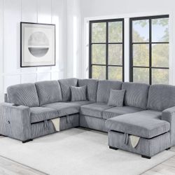 Gray Sofa Sectional w/ Pull- Out Sleeper & Storage 