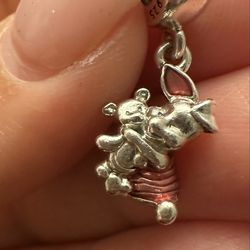 100% Authentic Sterling Silver Pandora Piglet Hugging Teddy Bear Charm