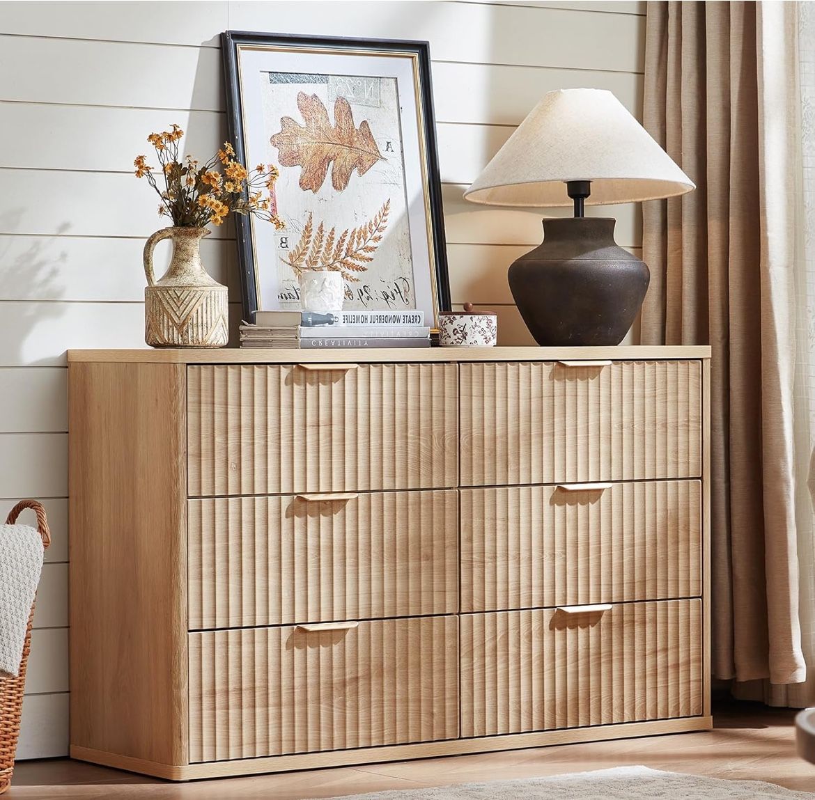 NEW ! LEYAOYAO Fluted 6 Drawers Dresser for Bedroom, 48" Wide Modern Chest of Drawers with Metal Handle, Natural Curved Profile Farmhouse Closet Organ