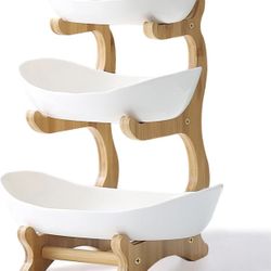 Open box   Large 3 Tier Ceramic Fruit Bowl With Bamboo Wood Stand for Kitchen Counter,Porcelain Fruit Basket for Fruit Storage,Snack Dessert Cake Tray