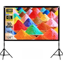 Projector Screen with Stand, 120 inch Portable Movie Screen Indoor Outdoor 16:9 HD Front Rear Projection Screen with Carry Bag Wrinkle-Free and Foldab
