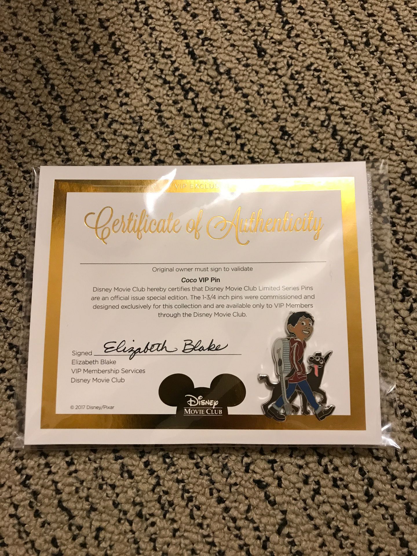 Disney Coco pin and certificate of authenticity