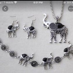 3pcs Black Tibetan Retro Turquoise Lucky Elephant Set