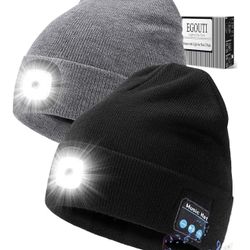 Bluetooth Beanie Hat with Light for Men 2 Pack, Rechargeable LED Beanie with Light, Headlamp Cap Wireless Headphones Built-in Speaker Mic for Teens St