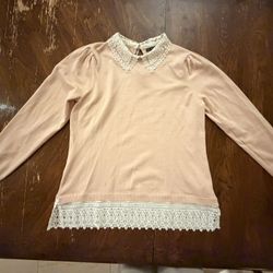 Adrianna Papell Womens Sweater Pink Lace Collar Hem Detail Size L