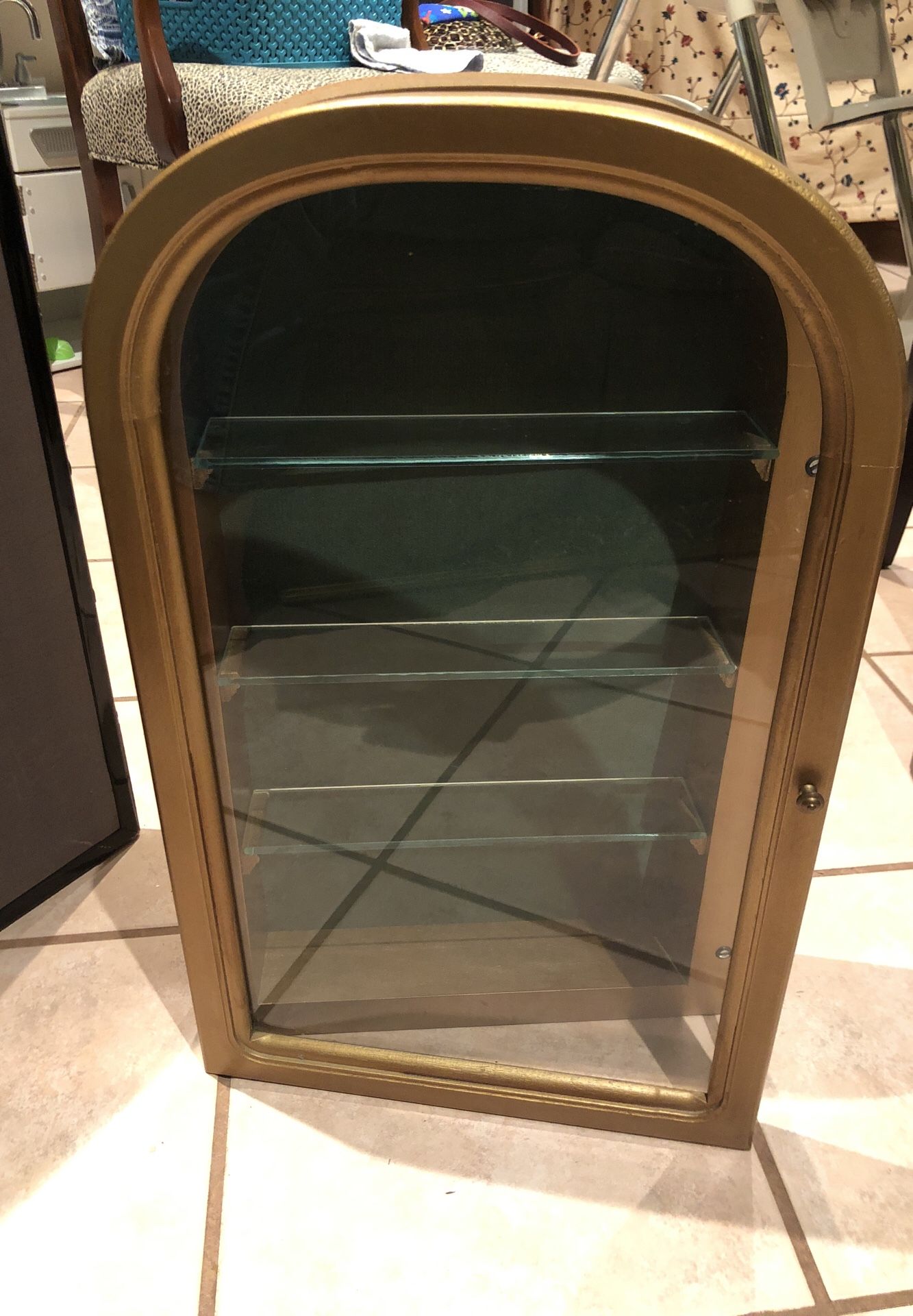 Antique Exposures Display Case - gold with glass shelves