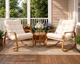 2pcs Rocking Chair with Thick Cushion Outdoor Indoor, Premium Iron Wood Grain Patio Papasan Rocker, Cozy Rocker for Garden, Balcony, Living Room, Bedr