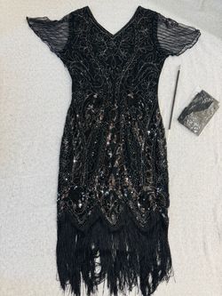 NWOT FUNDAISY Black Sequin Fringe Flapper Dress Size M
