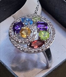 Brand New Genuine Multi Gemstone Ring in .925 Sterling Silver. Size 7.