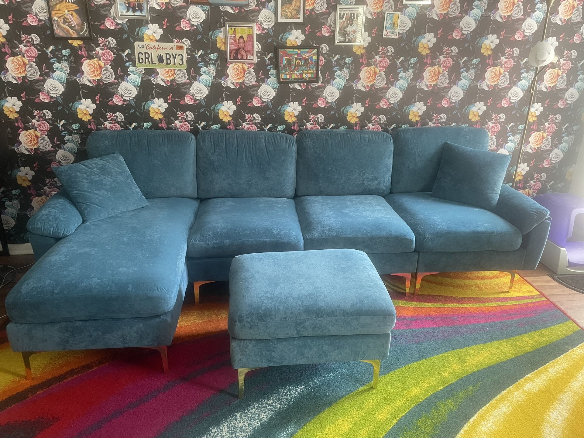 Teal Blue sectional with ottoman