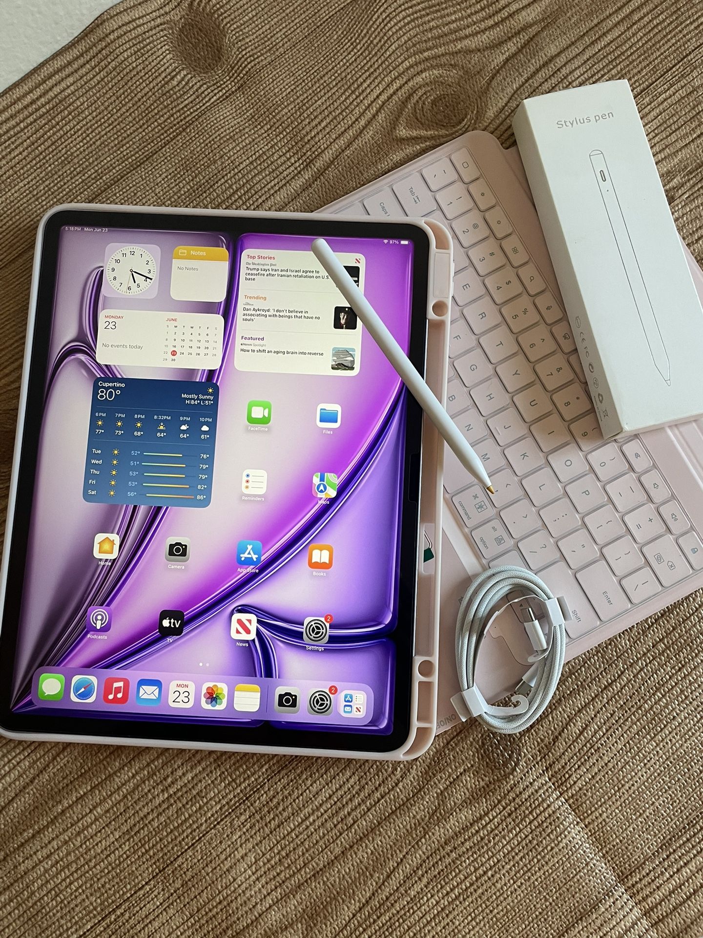 iPad Air 13” (M2 chip / 2024 / purple color) 128GB with pink keyboard case and stylus pen
