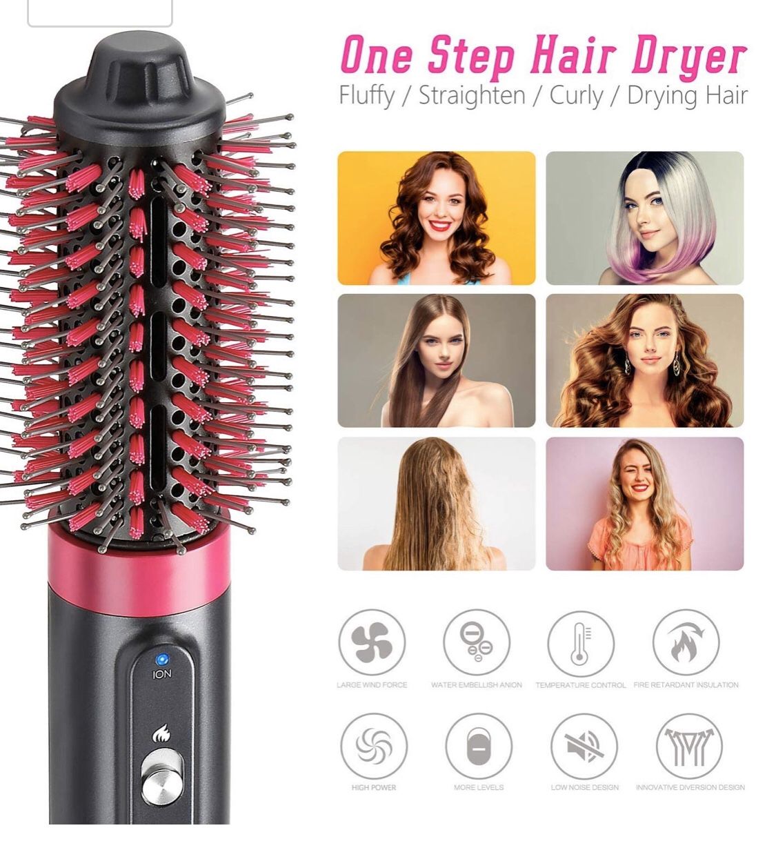 One Step Hair Dryer Brush & Styler Volumizer Multifunctional Ion Hot Air Brush with 2 Speed Buttons and 3 Heat Control Buttons